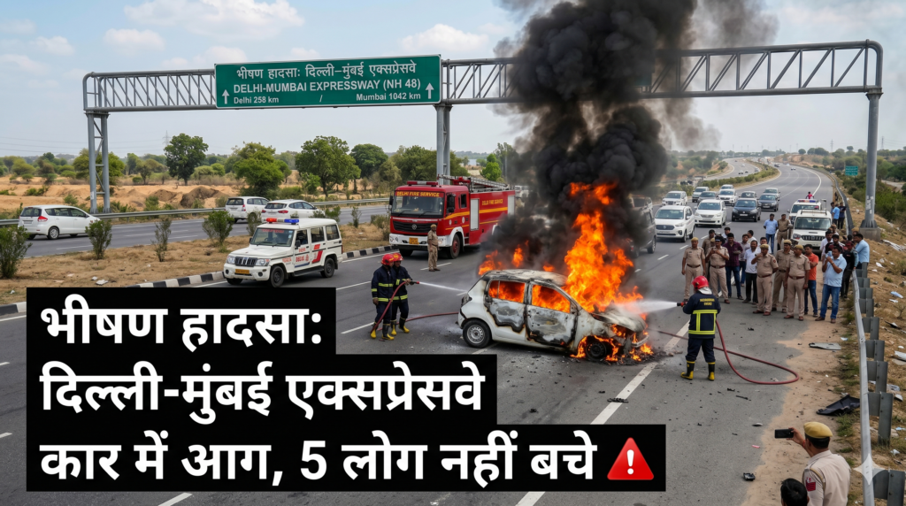 भीषण हादसा: दिल्ली-मुंबई एक्सप्रेसवे पर कार में आग लगी, 5 लोग नहीं बचे