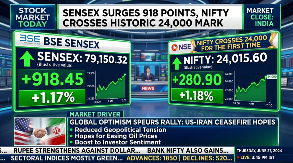 आज का शेयर बाजार: सेंसेक्स 918 अंक उछला, निफ्टी 24,000 के पार – US-ईरान सीजफायर की उम्मीद में जोरदार तेजी
