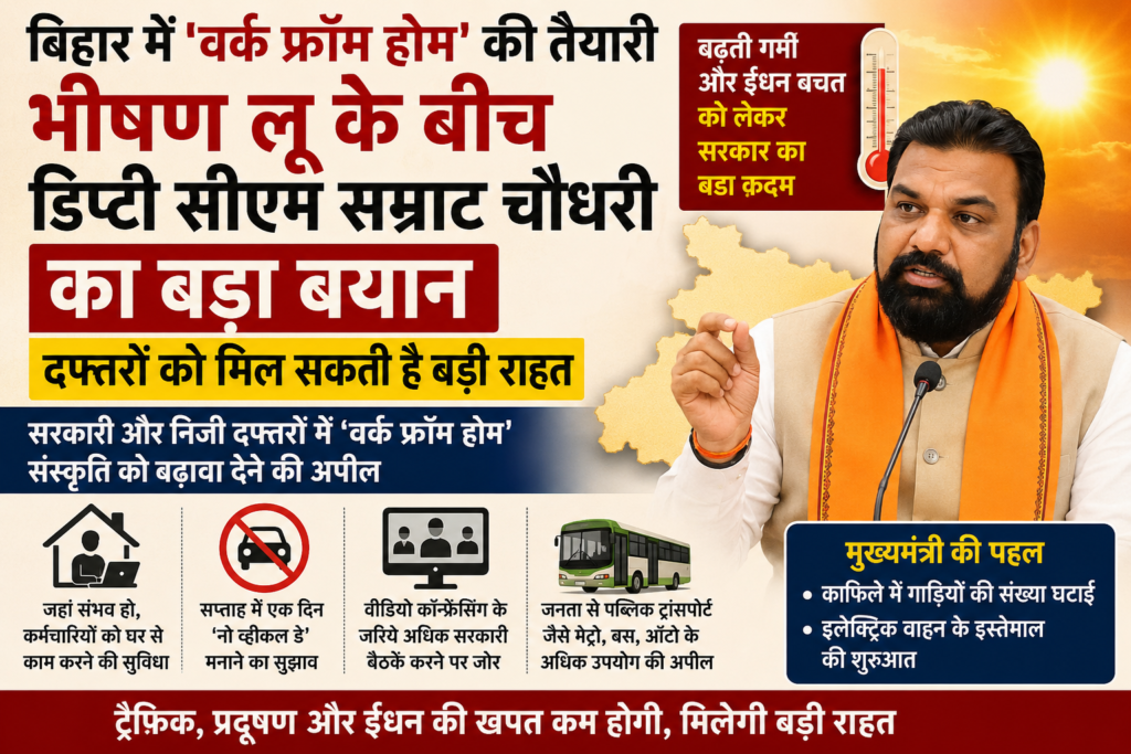बिहार में ‘वर्क फ्रॉम होम’ की तैयारी: भीषण लू के बीच डिप्टी सीएम सम्राट चौधरी का बड़ा बयान, दफ्तरों को मिल सकती है बड़ी राहत।