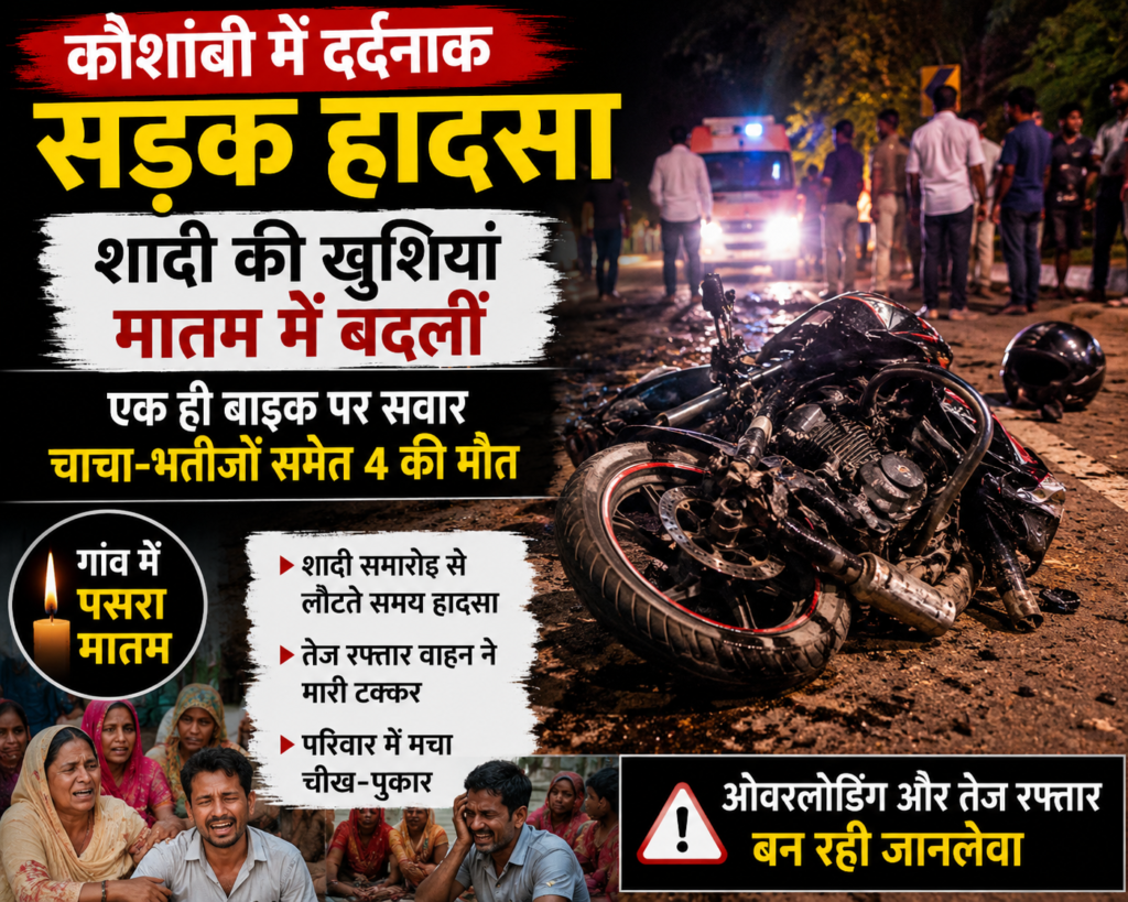 कौशांबी में दर्दनाक सड़क हादसा: शादी की खुशियां मातम में बदलीं, एक ही बाइक पर सवार चाचा-भतीजों समेत 4 की मौत