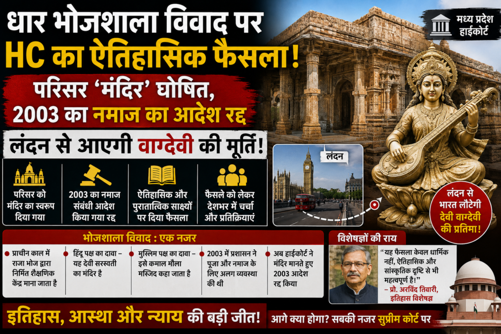 धार भोजशाला विवाद पर HC का ऐतिहासिक फैसला: परिसर ‘मंदिर’ घोषित, 2003 का नमाज आदेश रद्द; लंदन से आएगी वाग्देवी की मूर्ति!