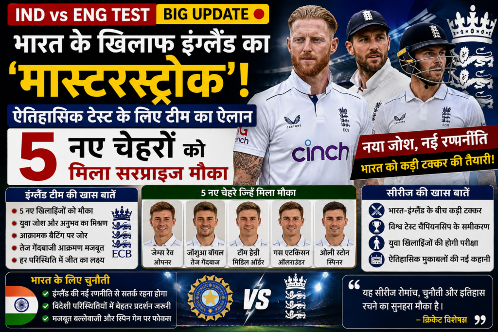 IND vs ENG Test: भारत के खिलाफ इंग्लैंड का ‘मास्टरस्ट्रोक’! ऐतिहासिक टेस्ट के लिए टीम का ऐलान, 5 नए चेहरों को मिला सरप्राइज