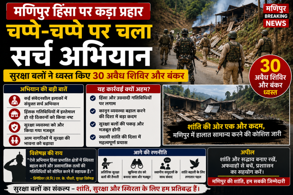 मणिपुर हिंसा पर कड़ा प्रहार: चप्पे-चप्पे पर चला सर्च अभियान, सुरक्षा बलों ने ध्वस्त किए 30 अवैध शिविर और बंकर