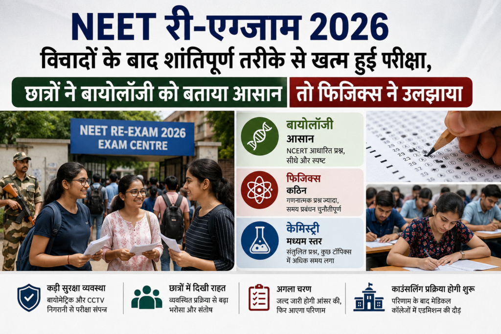 नीट री-एग्जाम 2026: विवादों के बाद शांतिपूर्ण तरीके से खत्म हुई परीक्षा, छात्रों ने बायोलॉजी को बताया आसान तो फिजिक्स ने उलझाया