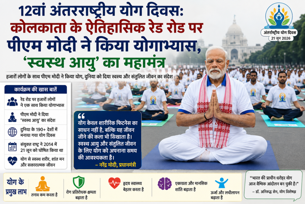 12वां अंतरराष्ट्रीय योग दिवस: कोलकाता के ऐतिहासिक रेड रोड पर पीएम मोदी ने किया योगाभ्यास, दुनिया को दिया ‘स्वस्थ आयु’ का महामंत्र