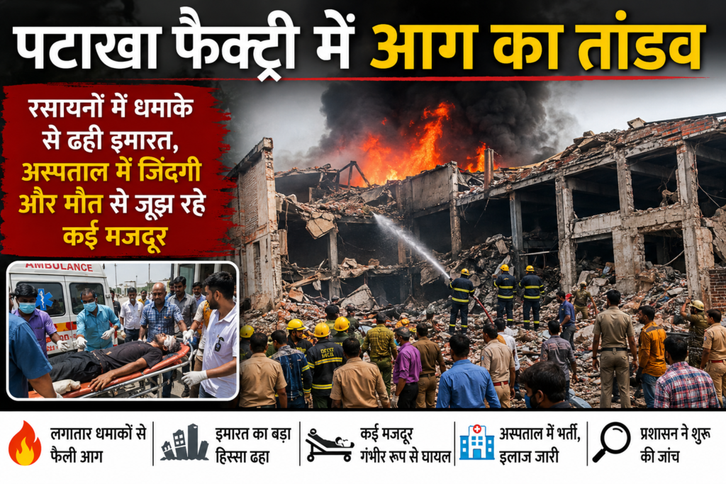 पटाखा फैक्ट्री में आग का तांडव: रसायनों में धमाकों से ढही इमारत, अस्पताल में जिंदगी और मौत से जूझ रहे कई मजदूर
