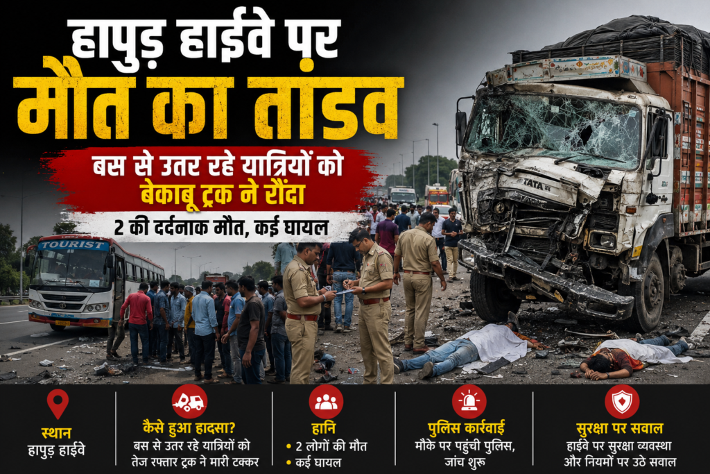 हापुड़ हाईवे पर मौत का तांडव: बस से उतर रहे यात्रियों को बेकाबू ट्रक ने रौंदा, 2 की दर्दनाक मौत