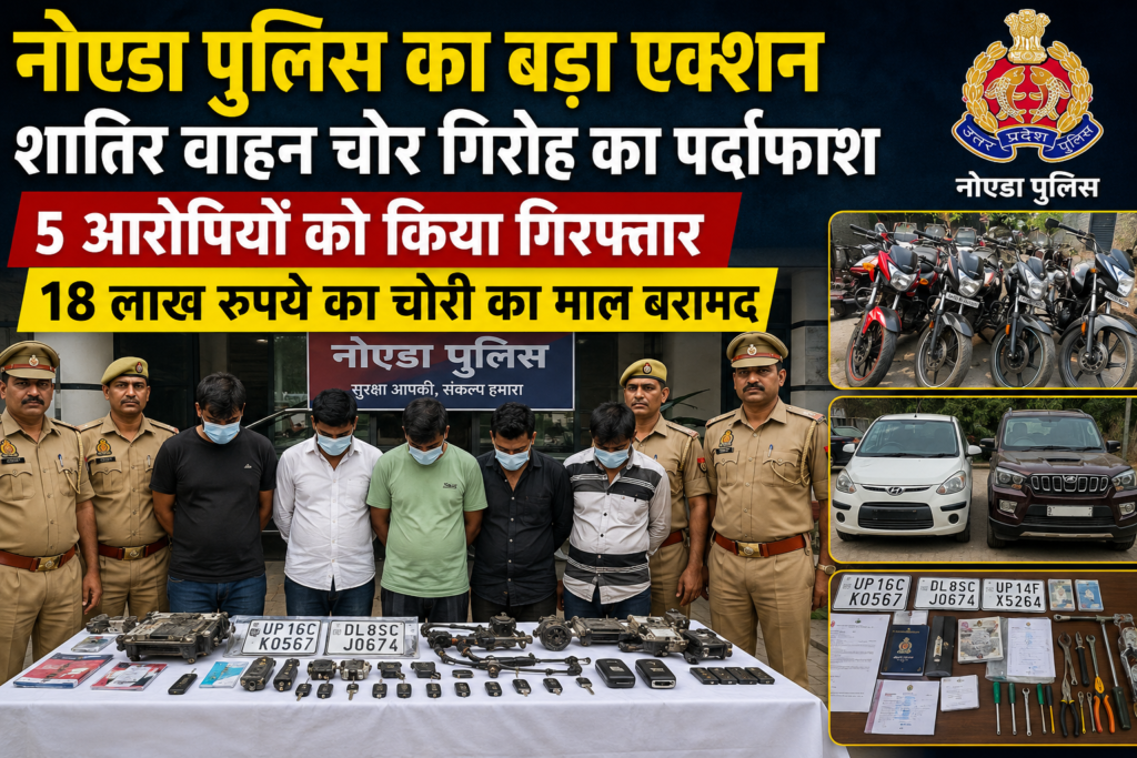नोएडा पुलिस का बड़ा एक्शन: शातिर वाहन चोर गिरोह का पर्दाफाश, 5 आरोपी गिरफ्तार, 18 लाख रुपये का चोरी का माल बरामद